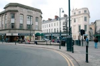 Photograph of Boots corner, taken from in front of Boots looking towards Starbucks