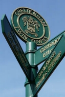 Twinning post in Imperial Gardens which points to all of Cheltenham's twin towns
