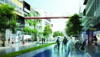 artist impression of a modern high street with pedestrians and cyclists and lots of trees and greenery cascading from window boxes