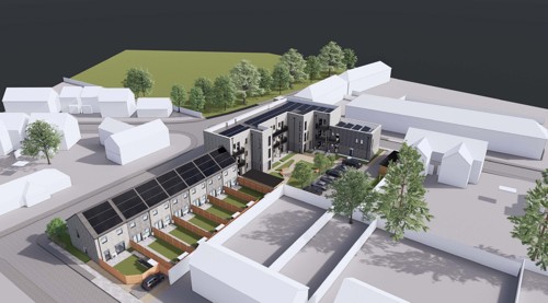 CGI artist impression of the back of houses and flats, surrounded by trees