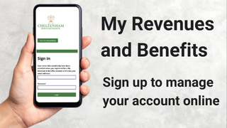 Text reading "My Revenues and Benefits - Sign up to manage your account online" Shows a hand holding a phone displaying the My Revenues and Benefits system