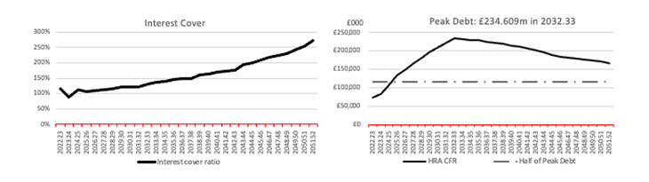 Graphs showing interest cover and peak debt. The content of these is summarised on the page
