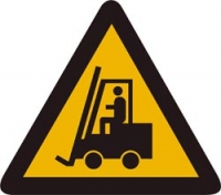 Triangular warning sign - black forklift truck on yellow background with black border