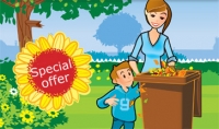 cartoon of woman and boy putting leaves into a brown garden waste bin. Text reads 'special offer'
