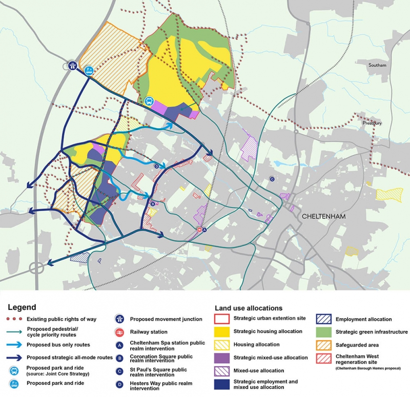 Map showing the allocated urban extensions in West Cheltenham and movement links