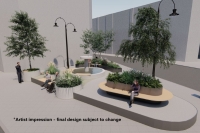 Artist impression of Clarence Fountain design, showing a wide view of the area looking from the Boots store