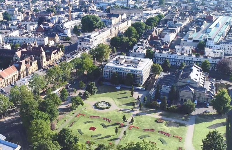 An aerial view of Cheltenham's formal Imperial Gardens, with the town hall