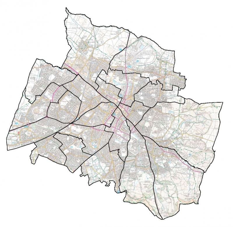 Map of current wards in Cheltenham.
Credit: contains Ordnance Survey data (c) Crown copyright and database rights 2022.