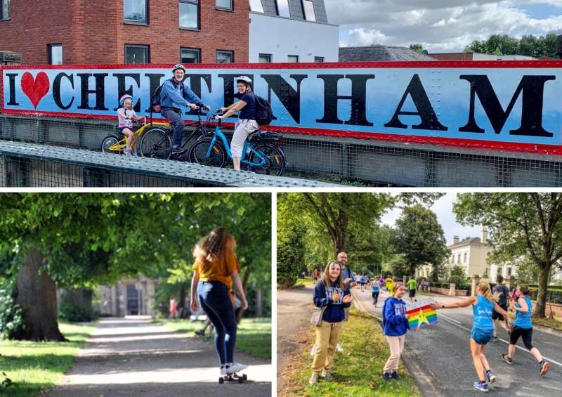 Pictures of people on bikes, running and skateboarding