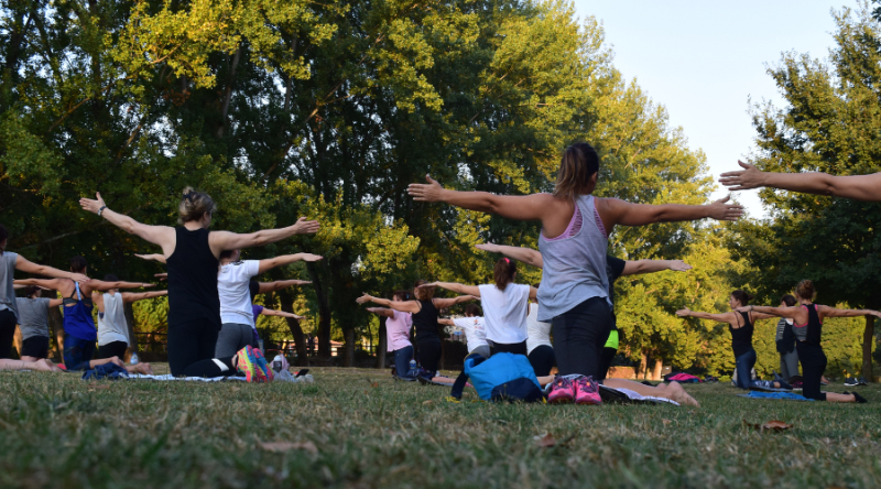 People doing yoga in a park
